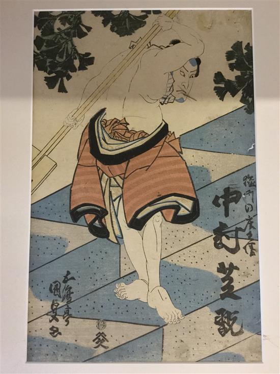 Japanese red stoneware wall pocket, woodblock prints etc.(-)
